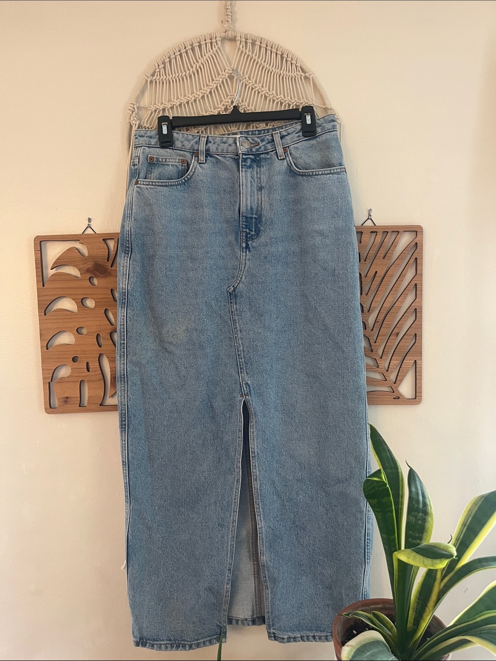 MNG Mango Denim Skirt Front Slit Light Wash Medium